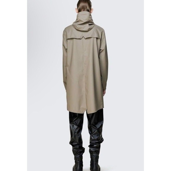 RAINS Brand Unisex Sz Large Classic Taupe Long Waterproof Rain Jacket Snap Front - Picture 2 of 15
